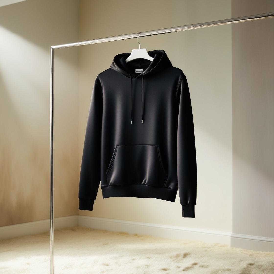 black hoodie front on hanger