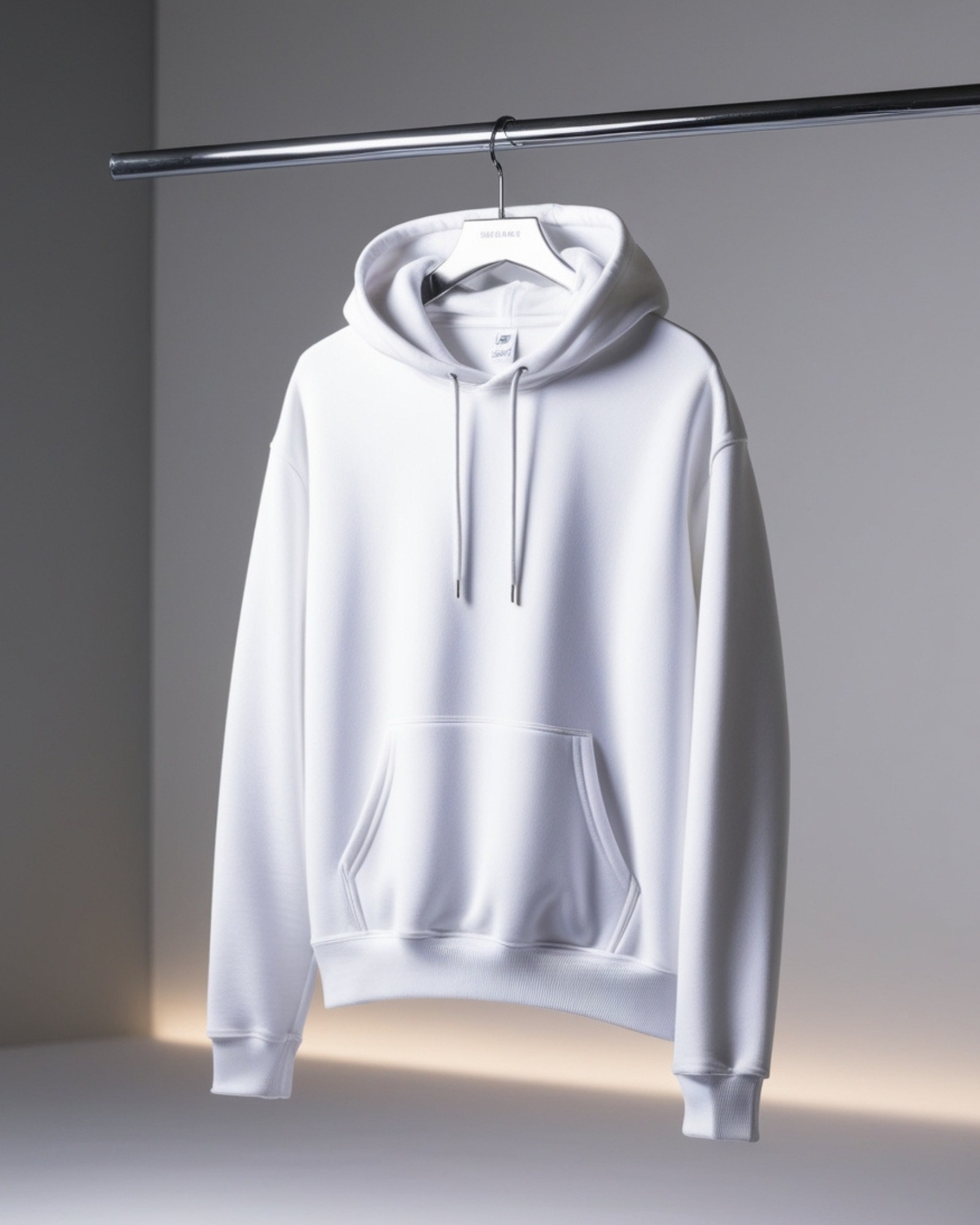 white hoodie front on hanger