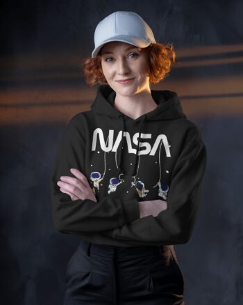Women NASA Hanging Astro Printed Black Hoodie