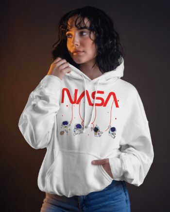 Women NASA Hanging Astro Printed White Hoodie