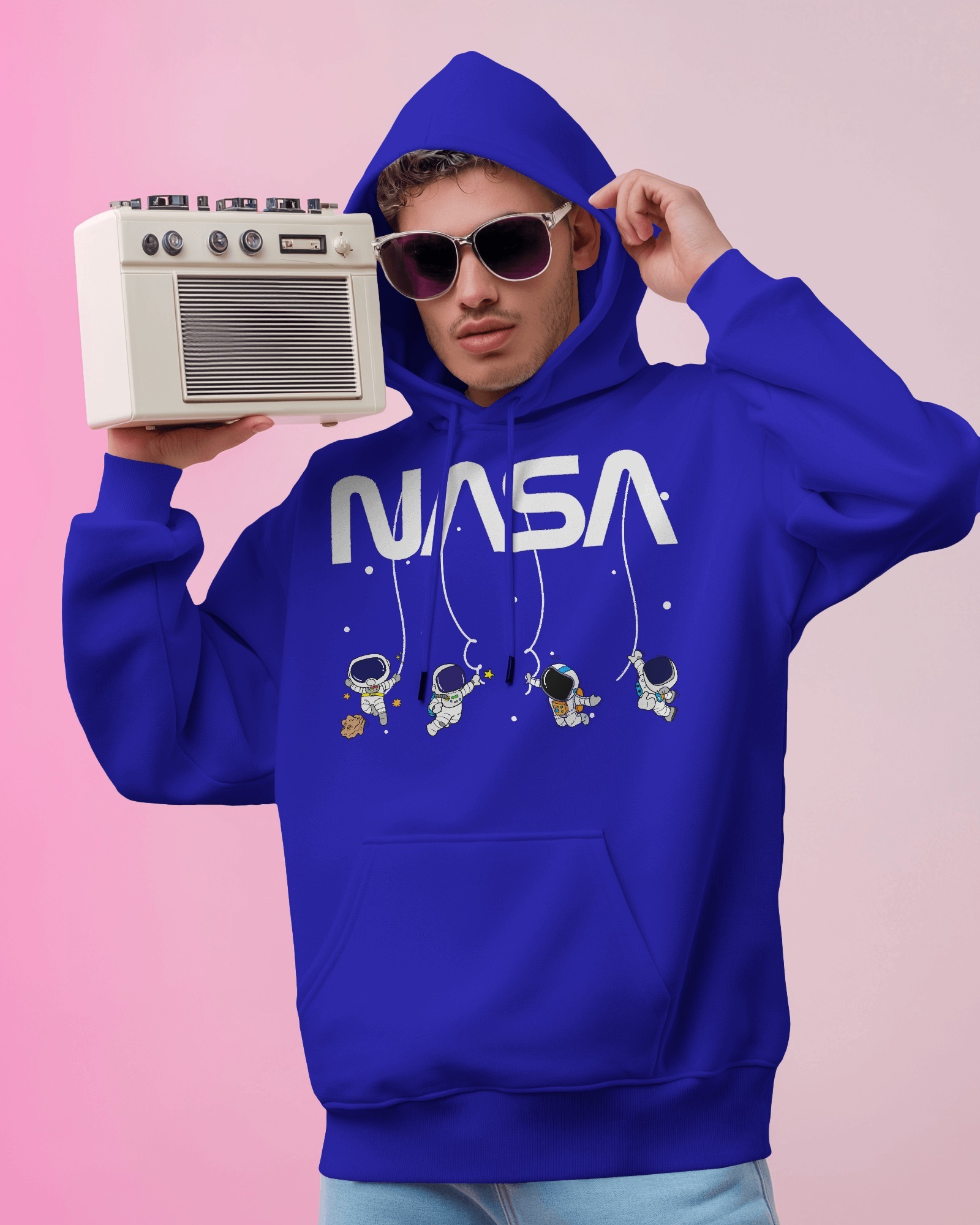 male blue NASA(white) hanging astronaut front3 Plain and printed cotton T-shirt in multi colors