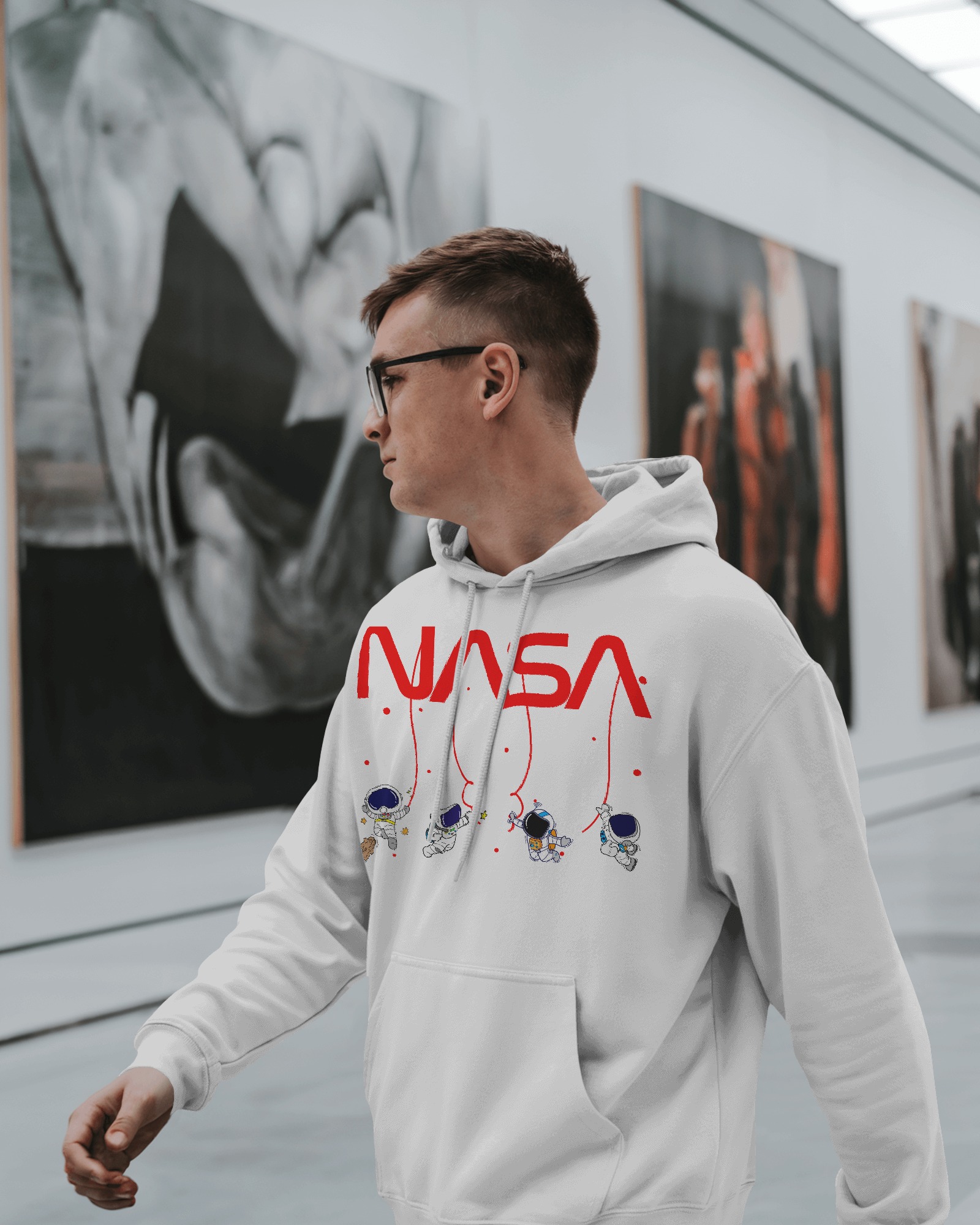 male white NASA(red) hanging astronaut side1 Plain and printed cotton T-shirt in multi colors