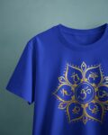 man golden Om blue close up