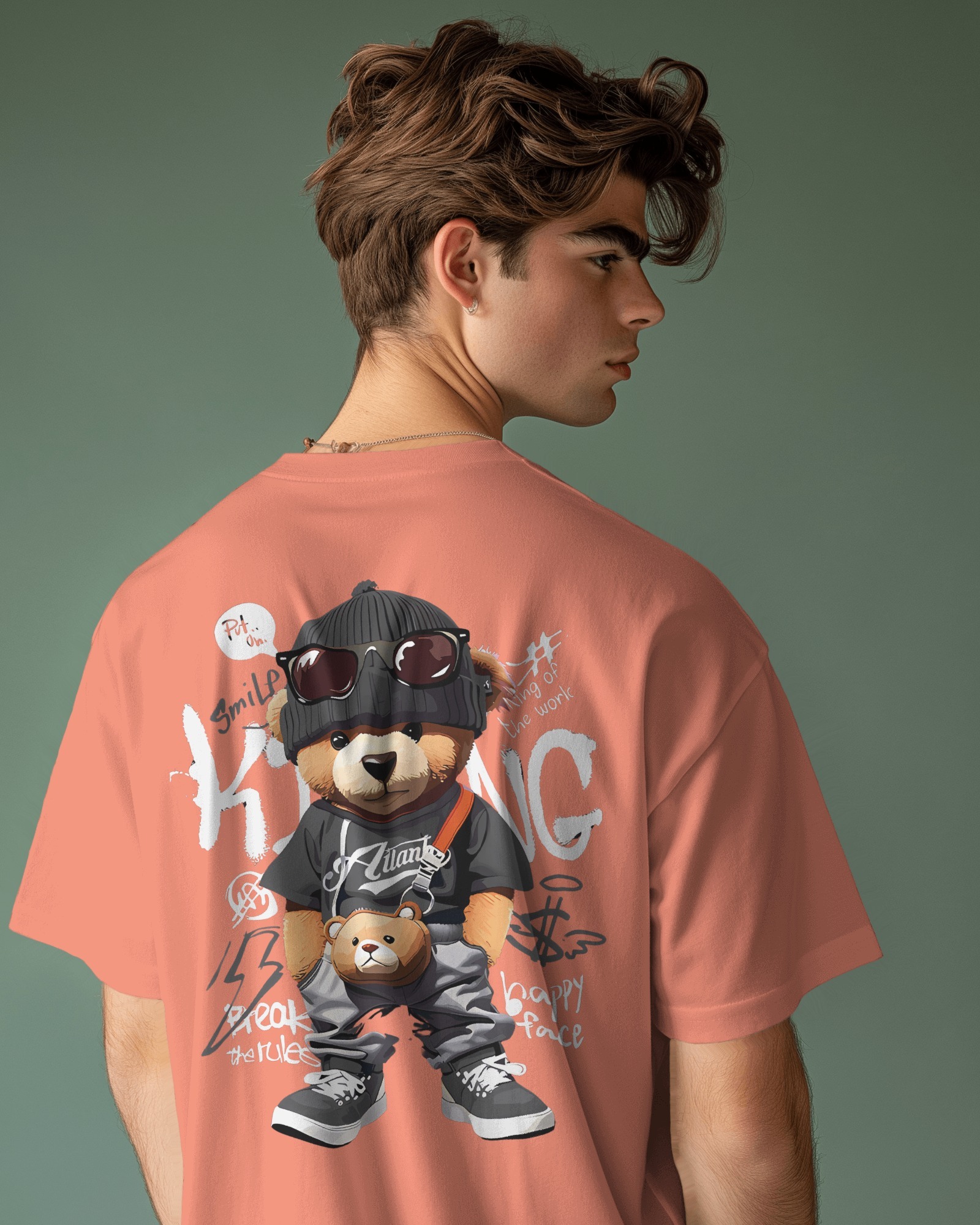 man peach king teddy back Plain and printed cotton T-shirt in multi colors