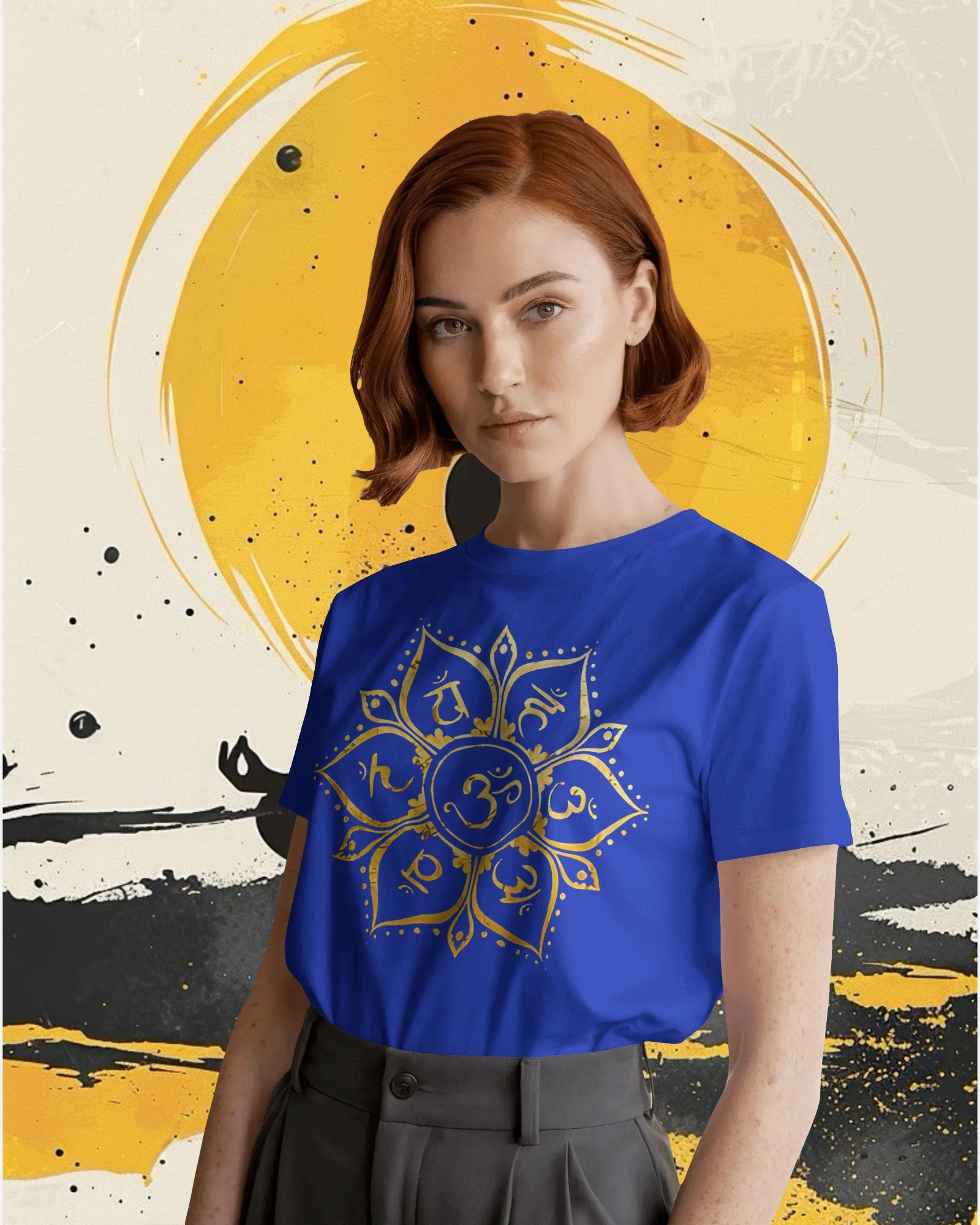 woman golden Om blue
