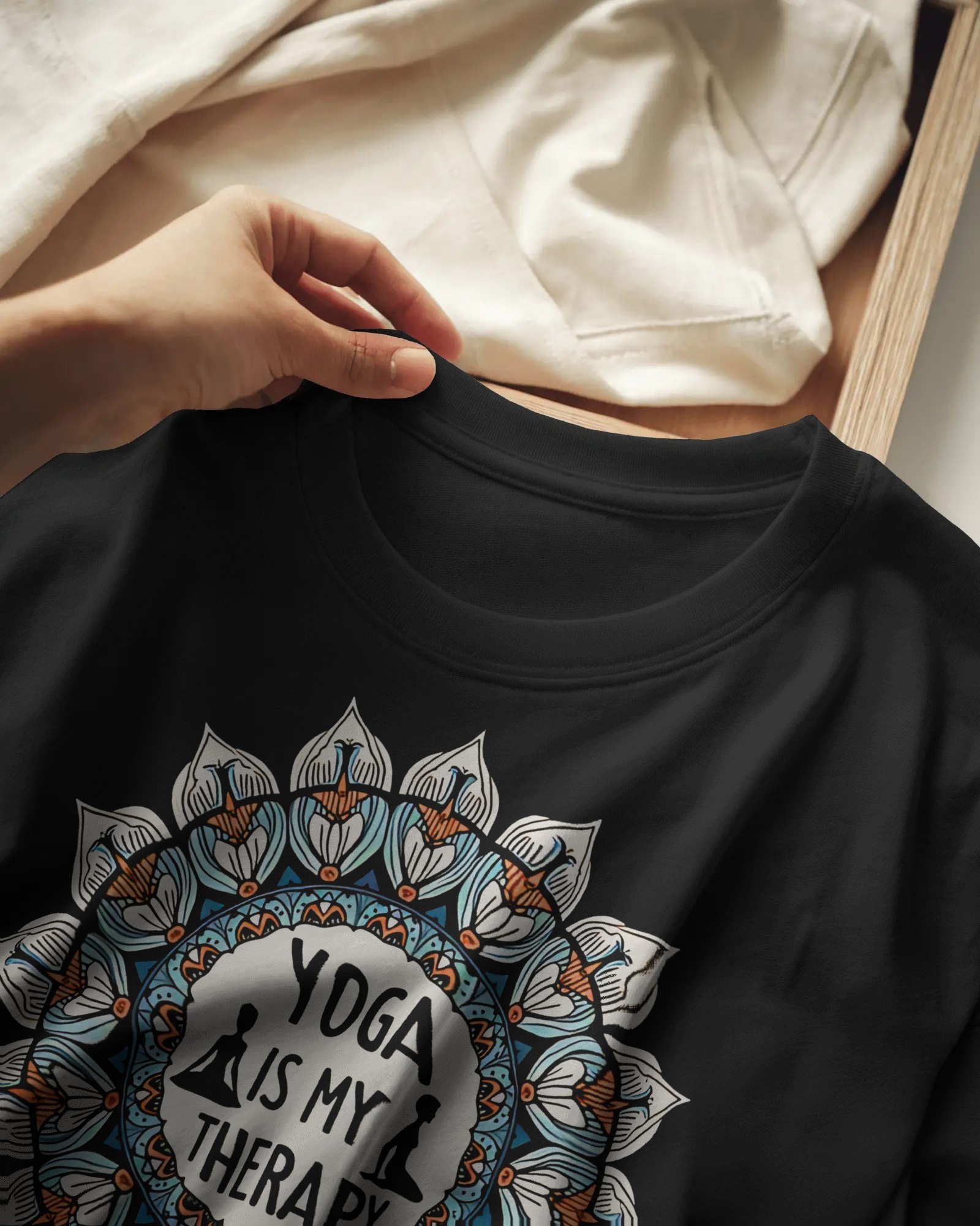 yoga therapy black close up Plain and printed cotton T-shirt in multi colors