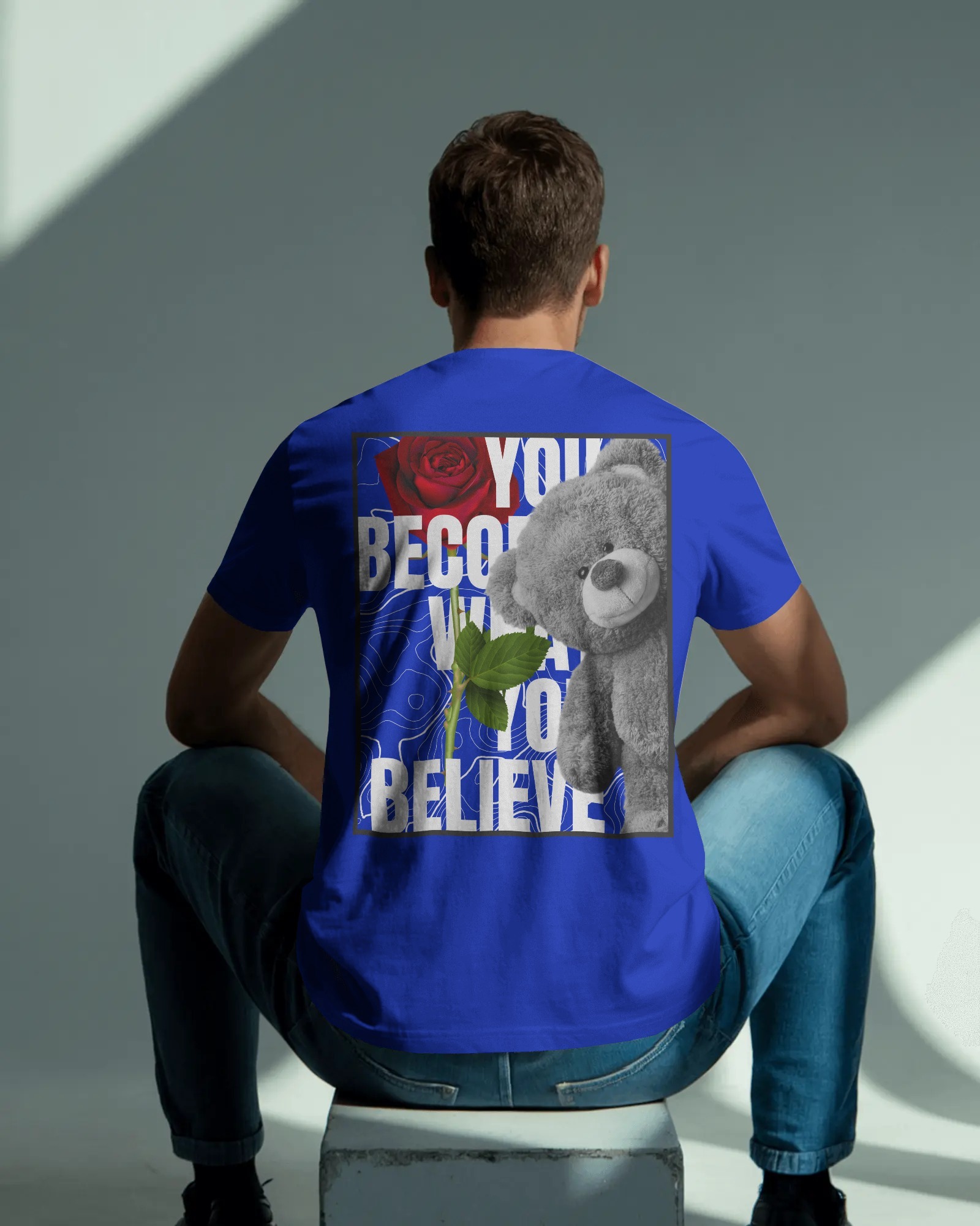 man blue believe back Plain and printed cotton T-shirt in multi colors