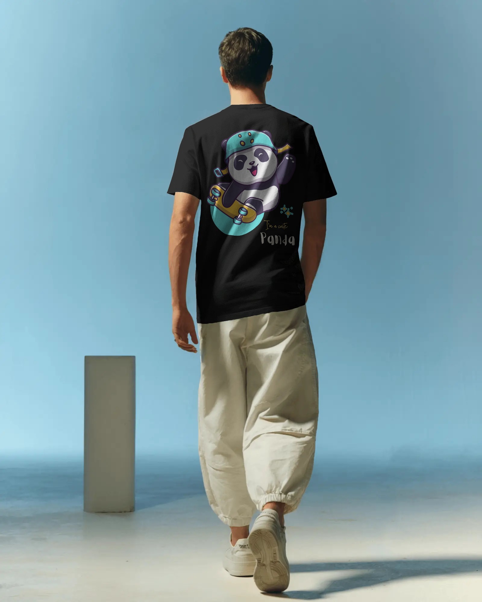 man cute panda back black full Plain and printed cotton T-shirt in multi colors