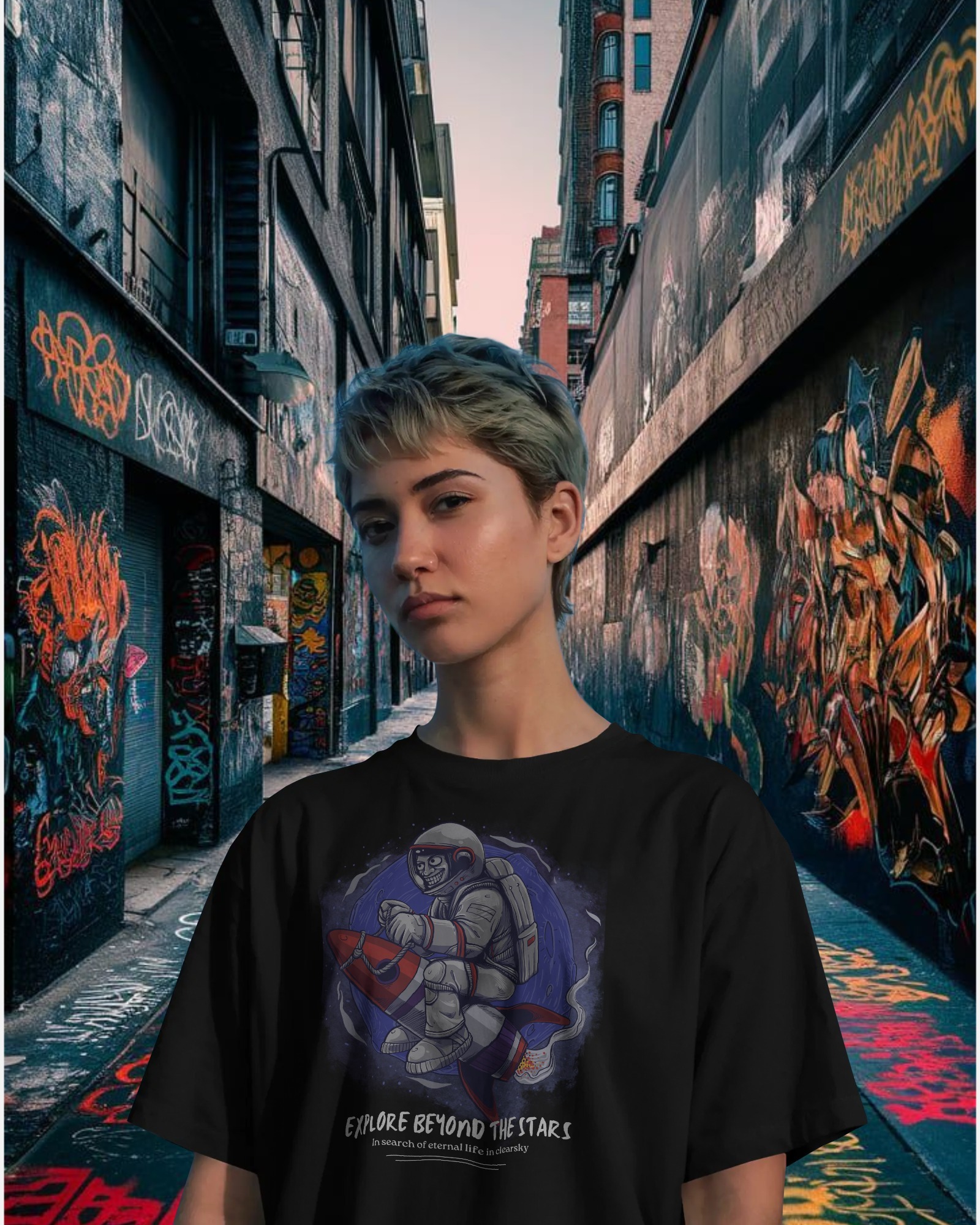 woman beyond stars front black